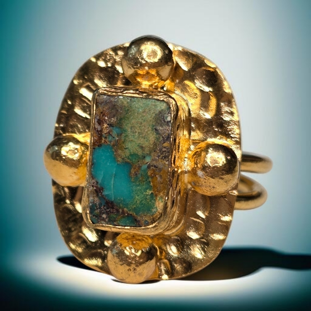 Artisan 18k Gold Plated Hammered Byzantine Genuine Turquoise Ring